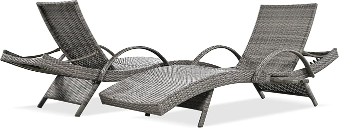 LUMISOL Outdoor Chaise Lounge Chairs Set of 2, Wicker Patio Lounge Chair with Reclining Backrest, 80'' Rattan Outdoor Lounge Chair with Pull-Out Side Table, Pool Sunbathing Recliners, Grey