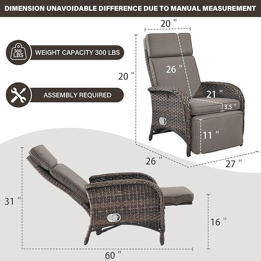 Belord Versatile Outdoor Recliner Chair - 2 Piece Reclining Patio Chair with Adjustable Backrest and Footrest, All-Weather Wicker Chaise Lounge Chair Outdoor for Pool Deck Brown