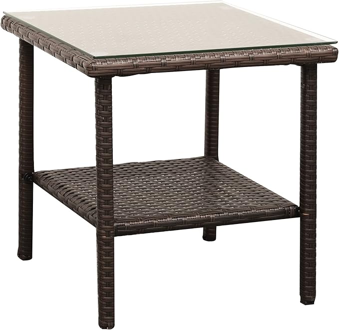 Outdoor PE Wicker Side Table - Patio Rattan Garden Coffee End Square Table with Glass Top-2-layer Table Furniture,Mix Brown