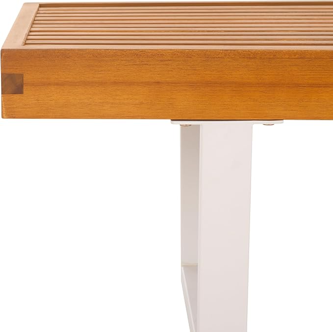 SAFAVIEH Outdoor Patio Furniture Collection – Heather Natural Brown Solid Wood Patio Bench with White Steel Legs, 72-Inch Modern Outdoor Seating for Garden, Porch or Patio (PAT7327A)