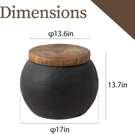 COSIEST Outdoor Side Table,Black Drum Outdoor End Tables,17" Concrete Patio Side Table for Outside Faux-Wood Top Accent Side Table Stool for Livingroom,Bedroom,Garden