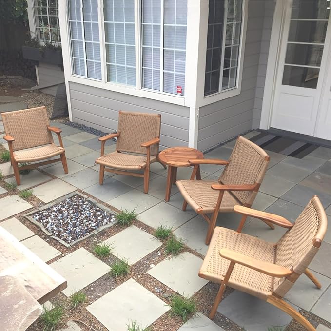 Indonesian Grade A Teak Wood Monterey Club Lounge Chair. Midcentury Modern Comfortable Design Chair Double handweaved Rope. Backyard, Poolside, Balcony Living Room. (TAN)