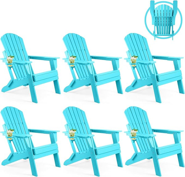 FUNBERRY Folding Adirondack Chair Set of 6, All Weather HDPE Fire Pit Chairs with Cup Holder for Outdoor - Photo 1