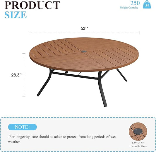 VICLLAX 63" Round Patio Table with Umbrella Hole, All Weather Metal Outdoor Dining Table for 8-10, Outside Table for Lawn Garden, Walnut Wood-Grain Finish