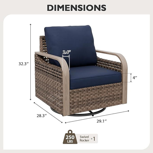 EAGLE PEAK Modern Wicker Outdoor Glider Rocking Chair, Swivel Rocker, Rattan Patio Furniture for Yard Deck Porch Garden, 1 Chair, Brown/Blue