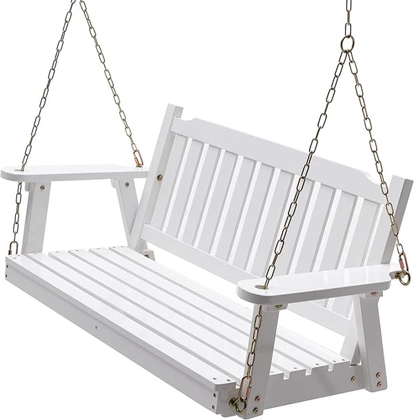 Anraja White Wooden Porch Swing 2-Seater, Bench Swing with Hanging Chains, Heavy Duty 800 LBS - Photo 1