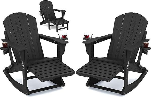 KINGYES Adirondack Rocking Chair Set of 2 with Retractable Ottoman and Cup Holders - Photo 1