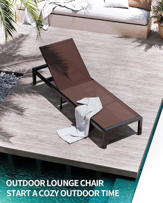 Aluminum Lounge Chairs Outdoor Chaise Furniture,2 Sets Patio Metal Deck Lounger Adjustable 5-Position Poolside Chase Recliner with Wheels for Beach,Coffee Table, (Brown, 2 Chair+Table)