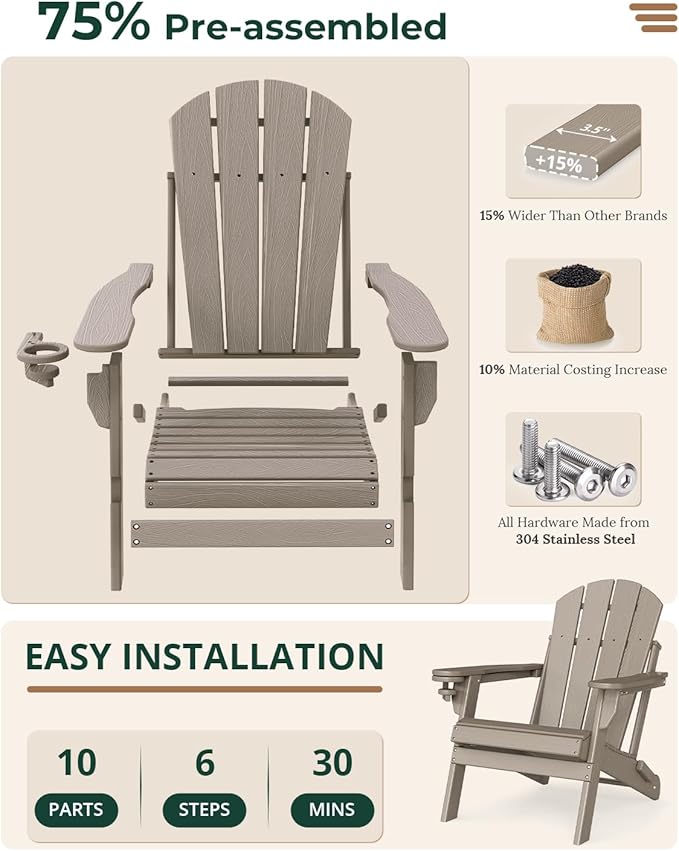 BRIOPAWS Folding-Adirondack-Chairs Set of 4 | HDPE | Wood Grain | Fire Pit Chair | Cup Holder | Weather Resistance | for Outdoor Backyard Deck Patio