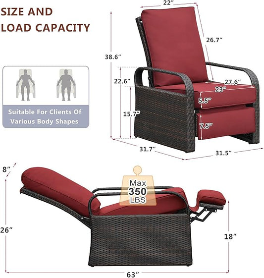 ATR ART TO REAL Outdoor Recliner, Outdoor Resin Wicker Patio Recliner Chair with 5.5'' Cushions, Patio Furniture Auto Adjustable Rattan Sofa, UV/Fade/Water/Sweat/Rust Protected, Easy to Assemble (Red)
