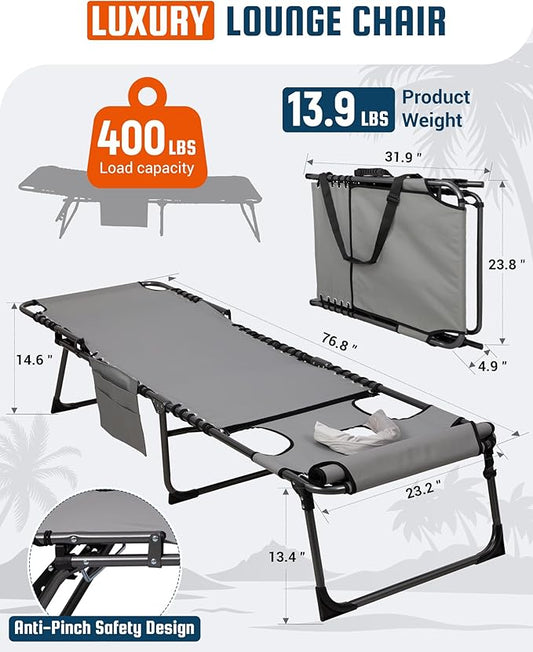 KingCamp Lounge Chair with face Hole, 400LBS Tanning Chairs for Outside, Adjustable 5-Position Beach Lounge Chairs Folding Sun Tanning Chair for Outside Beach Patio Sun Bathing Pool Backyard