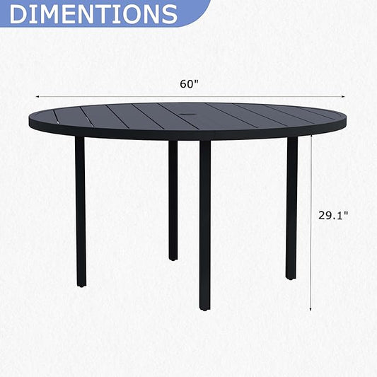 60" Round Patio Dining Table for 8, All-Weather Metal Patio Table with Umbrella Hole, Outdoor Round Dining Table for Lawn Garden Porch, Black