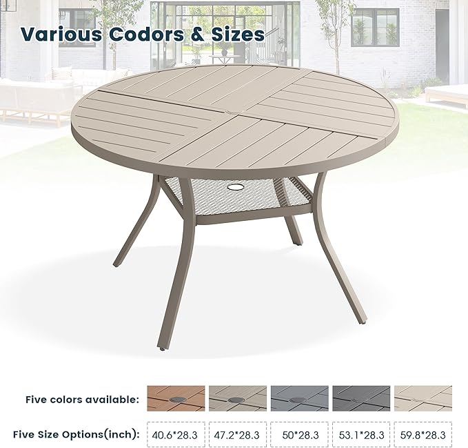 Patio Dining Table for 4, Round Metal Outdoor Table with Storage Shelf, 1.57" Umbrella Hole, 41" Outdoor Quartered Tabletop Dining Table for Backyard, Porch, Lawn, Sand