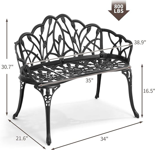 HOMEFUN Outdoor Bench, Patio Garden Benches Metal Loveseat Cast-Aluminum Outside Furniture for Park Lawn Front Porch Black