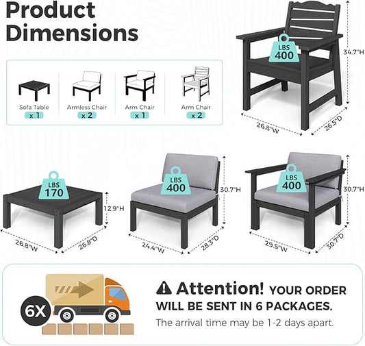 Patio Chairs, 6 Pieces Weatherproof HIPS Outdoor Furniture, Patio Chairs Seating Sets, Black