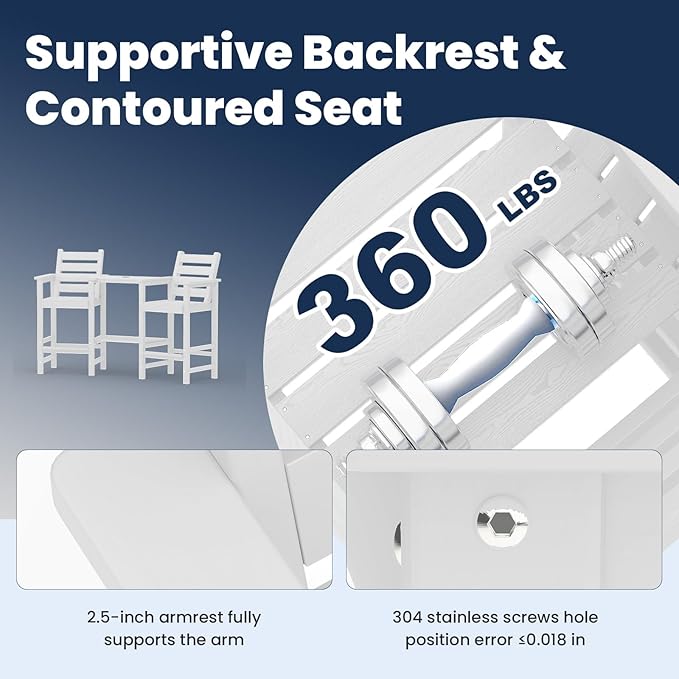 PLUUV Tall Adirondack Chairs Set of 2, All Weather HDPE Poly Bar Height Balcony Adirondack Chair with Removable Double Connecting Trays, Outdoor Adirondack Barstools for Deck, Patio, Yard, Pool, Lawn