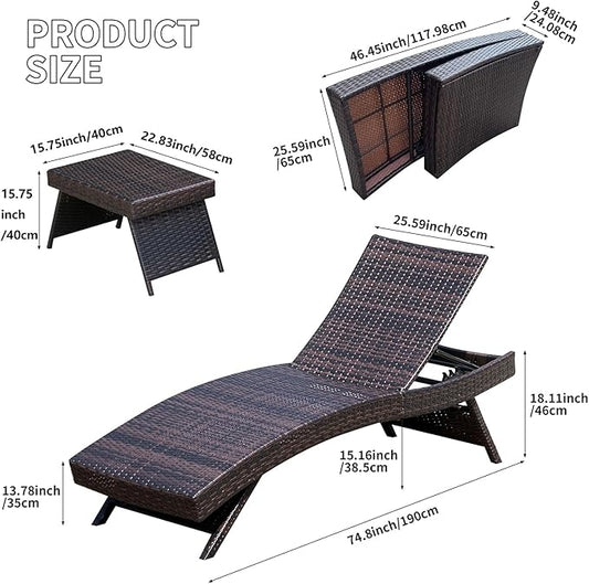 PE Rattan Foldable Backrest Chaise Lounge Set of 1 Chair + 1 Table, Outdoor Pool Folding Recliner and Coffee Table, Adjustable Patio Chairs Lounge Chair and Side Table for Beach Sunbathing