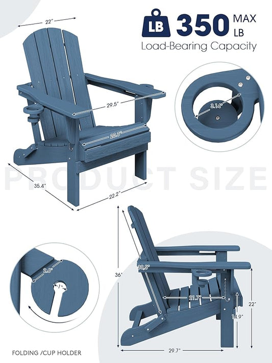 KINGYES Folding Adirondack Chair Set of 2, Dual Cup Holders & All-Weather HDPE, Wood-Like Patio Chair for Backyard, Camping, Pool & Fire Pit, Navy