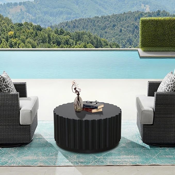 Afterglow Round Petal Shape Coffee Table, Modern Outdoor Indoor Side Table, Black