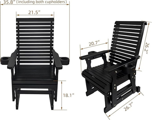Fortune Candy Wooden Patio Glider for One Person, with High Backrest and Deep Contoured Seat, Solid Fir Wood, Heavy Duty 600 LBS (Black, 1-Seater)