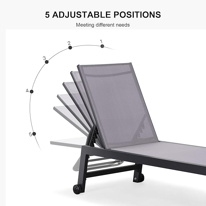 PURPLE LEAF Patio Chaise Lounge Set 2 Pieces Textilene Pool Lounge Chairs with Wheels Sunbathing Chair with 5 Adjustable Position for Outdoor Yard (2 Light Grey Lounges W/Side Table)