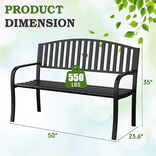 50" Outdoor Garden Bench, Iron Metal Frame Patio Bench with Backrest Armrests, Weatherproof Anti-Rust Outdoor Bench for Front Porch, Park, Yard, Patio (402-32BK)