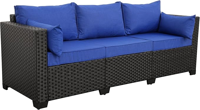 3-Seat Patio PE Wicker Sofa, Outdoor Rattan Couch Furniture Steel Frame with Furniture Cover and Deep Seat High Back, Royal Blue Anti-Slip Cushion