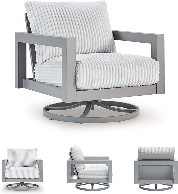 Signature Design by Ashley Moonlight View Contemporary Nuvella Weather Resistant Fabric Outdoor Swivel Chair with Zippered Removable Cushions, Light Gray & Beige