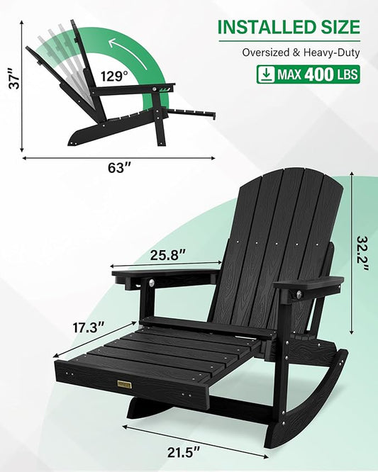 YEFU Adirondack Chairs with Retractable Ottoman: Oversize Adirondack Rocking Chairs - 5-Level Adjustable High Back - Outdoor Rocker with Cup Holder for Porch/Gardens/Lawn/Patio/Backyard/Black