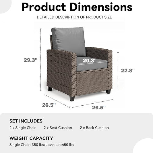 2 Pieces Patio Furniture Set, Outdoor Wicker Chairs Set of 2, All Weather High Back Rattan Chairs, Seating Club Chair Porch Chairs Set with Cushions for Balcony Porch Deck, Gray