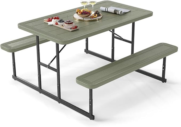Giantex Picnic Table Bench Set for 4 People, 4.5FT Outdoor Rectangular Dining Table & 2 Benches w/Umbrella Hole - Photo 1