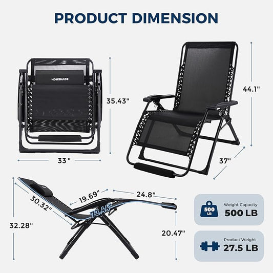 HOMSHADE XXL Zero Gravity Chair with Cushion, 33In Oversized Zero Gravity Lounge Chair, Patio Outdoor Recliner Chair for Indoor Outdoor with Headrest, Cup Holder, Footrest Support 500Lbs, Black