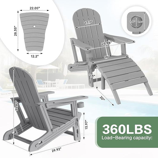 JY QAQA Outdoor Adirondack Chair Set of 2 with Detachable Table & Ottoman, All-Weather HDPE Patio Furniture with Wood Texture & Cup Holder for Patio, Poolside, Garden, Light Grey