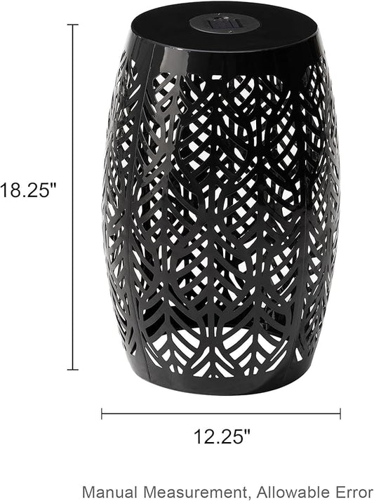 Glitzhome 18.25" H Outdoor Side Table with Leaf Pattern Solar Powered Light, Iron Cutout Drum Garden Stool Solar Decorative Lanterns, Metal End Table Plant Stand for Indoor Outdoor, Black
