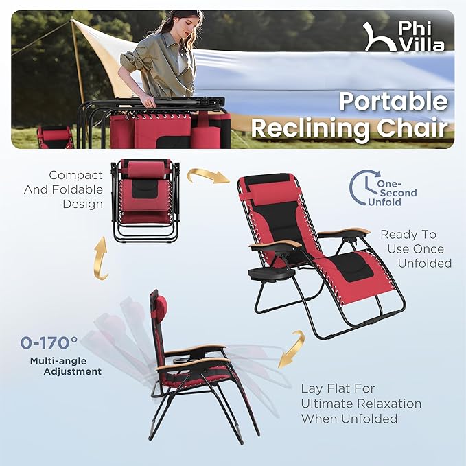 PHI VILLA XXL Oversized Padded Zero Gravity Chair, Foldable Patio Recliner, 30" Wide Seat Anti Gravity Lounger with Cup Holder, Support 400 LBS (Red)