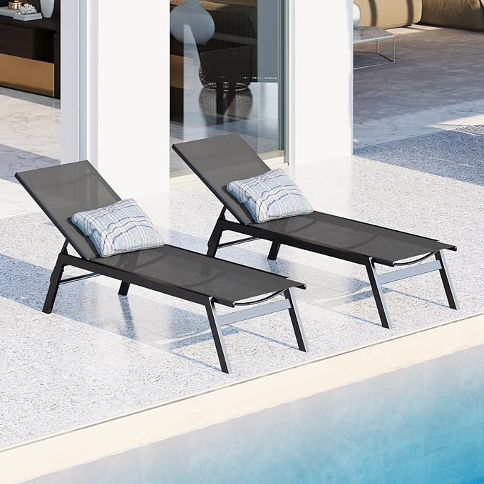 Outdoor Patio Chaise Lounges Set of 2, Sun Lounge Chairs w/Headrest, Sunbathing Recliner w/5 Adjustable Backrest, Breathable Textilene Fabric, For Outside Yard Balcony Garden Beach Pool, Grey