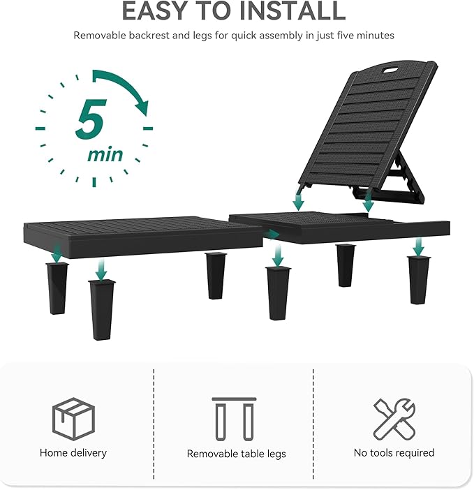 YITAHOME Outdoor Chaise Lounge Chair, Plastic Pool Chaise Lounge with 5-Position Backrest, Easy Assembly & Waterproof for Patio & Poolside, Set of 4, Black