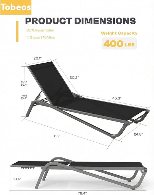 Outdoor Chaise Lounge Chair, 5-Position Adjustable Patio Lounge Chair with Ergonomic Aluminum Frame, Textilene Fabric Pool Loung Chairs for Poolside, Deck, Backyard (Black)
