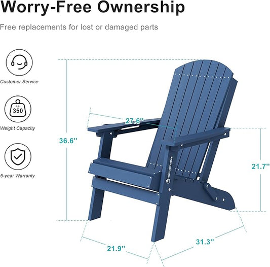 HDPE Foldable Adirondack Outdoor Chair Set of 2 with Cup Holder, Weather Resistant Heavy-Duty Patio Chair for Patio, Backyard, Deck, Fire Pit, Lawn and Porch, Navy Blue
