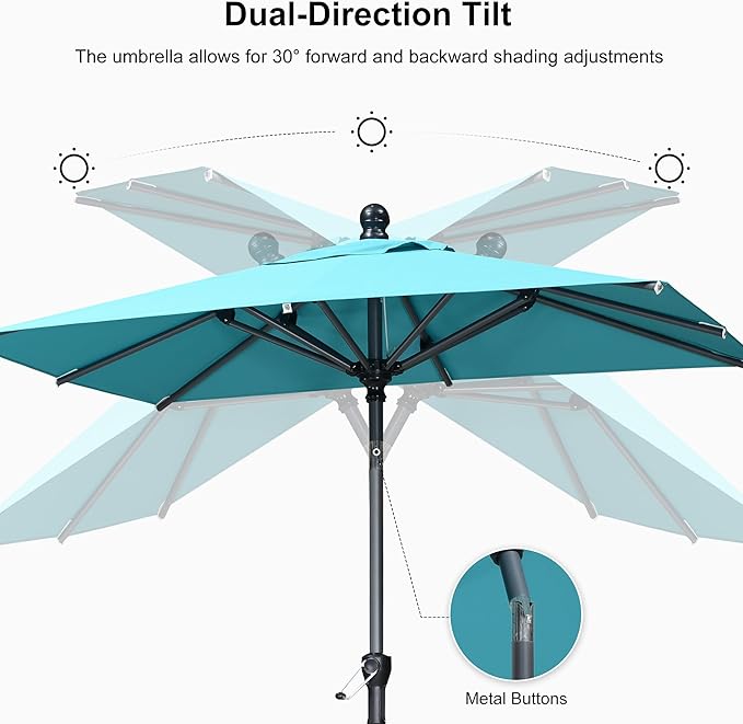 PURPLE LEAF Patio Chaise Lounge with 10' x 6.5' Tilt Umbrella Outdoor Lounge Chair Beach Pool Sunbathing Lawn Lounger, Base and Side Table Included, Turquoise Blue