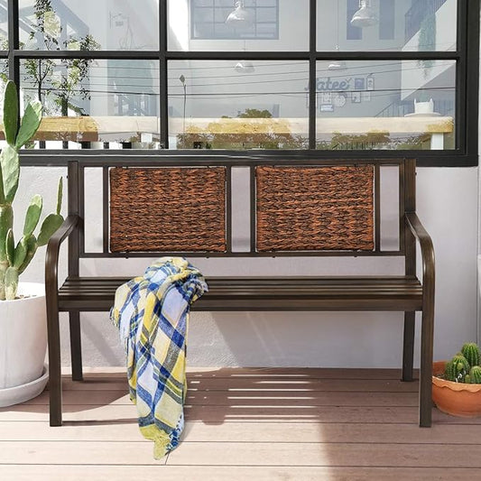 S AFSTAR Outdoor Garden Bench, Brown, Iron, Metal, Polyethylene, Rattan, 50.5 in Width, 2 Adults