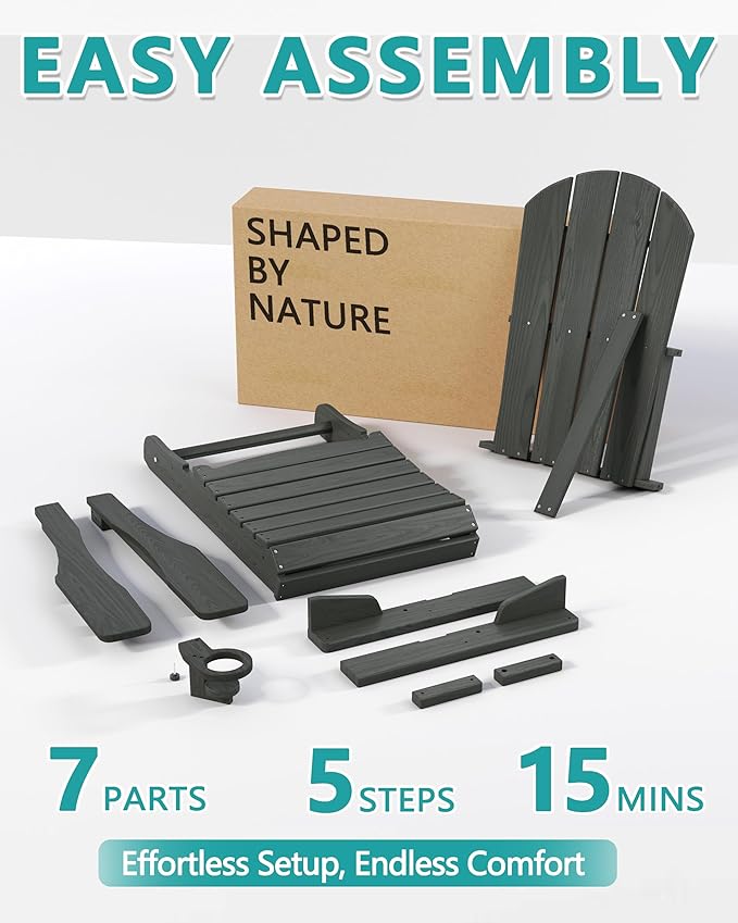 Outdoor Folding Adirondack Chair Set of 1 for Patio Fire Pit, Wooden Textured HDPE Adjustable Chairs with Cup Holder, Waterproof All Weather Resistant Plastic for Pool Lawn Garden Backyard(Gray)