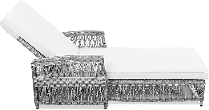 Outdoor Long Reclining Chaise, Wicker Lounge with Armrests, Patio Adjustable Recliner with Soft Removable Cushions, All Weather Rattan Chaise Lounge for Poolside & Garden (Beige)