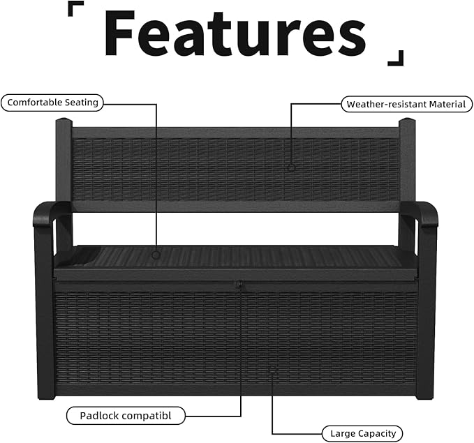 Vixzen 80 Gallon Outdoor Storage Bench Deck Box, Lockable All-Weather Resin Seating with Hidden Storage, Waterproof Patio Furniture for Garden, Pool, Black