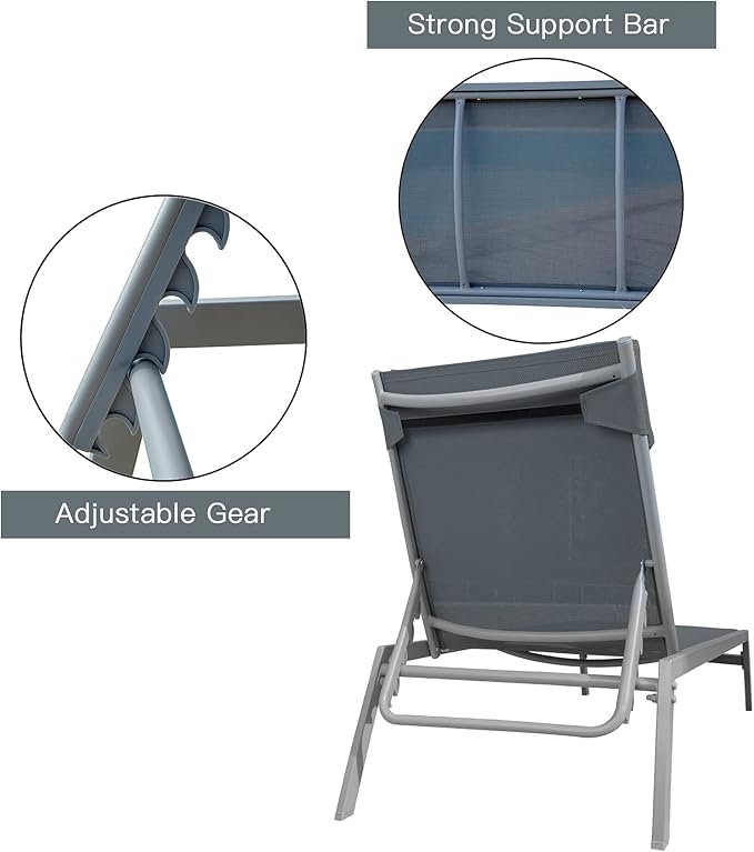 Domi Patio Chaise Lounge Set, Classic Pool Lounge Chairs with 5 Adjustable Posation, Breathable Textilene Fabric, Headrest and Table, Steel Frame Pool Chairs, Grey