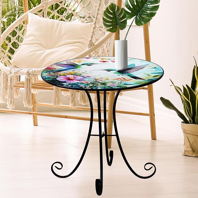Outdoor Side Table, Hummingbird & Flower Round Accent Table, 18" Metal Indoor Small End Tables, Plant Stand Tables for Patio Yard Balcony Garden Bedside