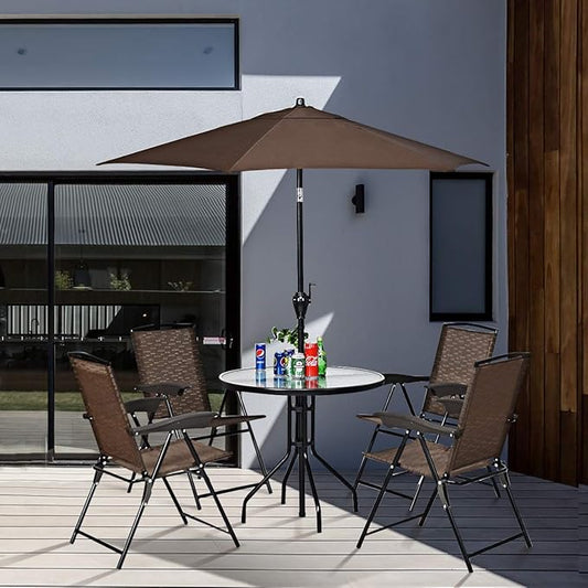 ARLIME Set of 4 Patio Folding Chairs, Height Adjustable Sling Backrest Chairs with Armrest, Weather-Resistant Chairs Portable for Outdoor Indoor Garden Pool Beach, Deck Lounge Chairs, Brown