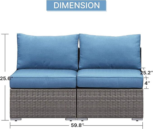 Solaste Wider 2 Pieces Outdoor Sofa, Patio Rattan Sectional Sofa, All-Weather Wicker Armless Patio Loveseat Furniture with Cushion for Porch Balcony Garden Poolside (Blue)