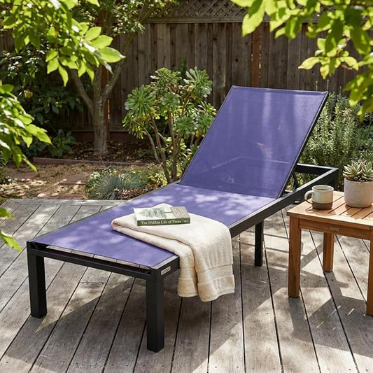 LeisureMod Marlin Aluminum Outdoor Chaise Lounge Chair - Mesh Sling Fabric Seat Black Aluminum Frame Beach, Pool Lounge Chair for Modern Patio Lawn, Garden and Backyard (Navy Blue)