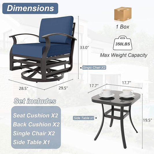 Kurapika 3 Pieces Patio Furniture Set, Outdoor Aluminum Swivel Gliders Rocker, Patio Bistro Set Rocking Chair with Thickened Cushions and Side Table for Porch Garden(Navy Blue)